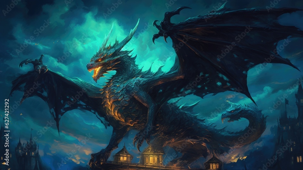 The dragon flew in the sky, glowing in the night. Dragon. Generative Ai