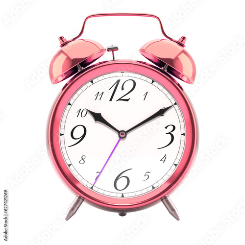 Alarm clock, vintage style red metallic color clock with black hands.
