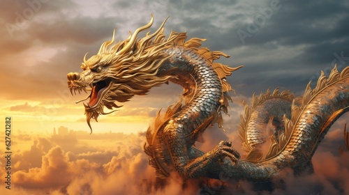 Chinese dragon flying in the sky at dawn. Dragon. Generative Ai