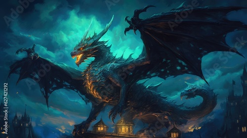 The dragon flew in the sky, glowing in the night. Dragon. Generative Ai © tong2530