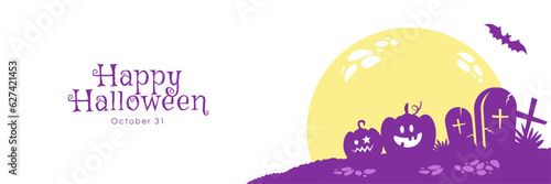 ハロウィンのシンプルなバナー背景 かぼちゃと月のシルエット（白背景）