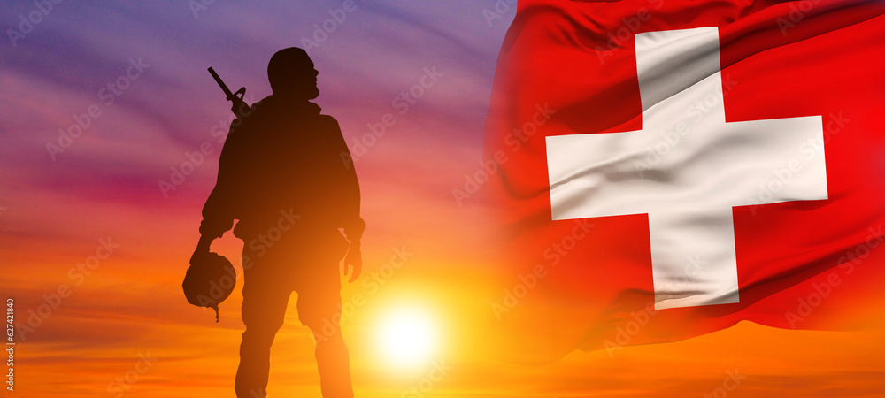 Solider Saluting Against the flag of Switzerland . Swiss National Day. Holiday concept. 3d illustration.