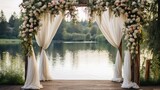 Wedding ceremony arch with flowers and fabric. AI generated