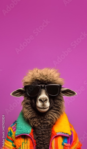 Cool looking black sheep with dark wool wearing funky fashion dress and sunglasses. Vertical banner with copy space above. Stylish animal posing. Generative AI
