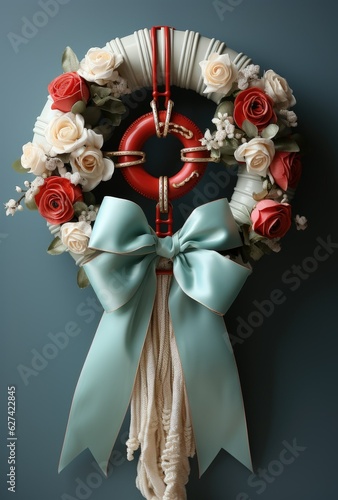 Decoration for beach wedding, or New Year decoration in luxury style. On wall hanging figurines, light white and blue, light red and dark green, ocean style.  photo