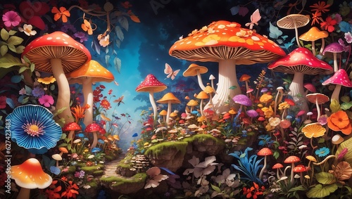 A mesmerizing and highly detailed depiction of a majestic colorful mushroom forest with vibrant flowers design wallpaper generated by AI