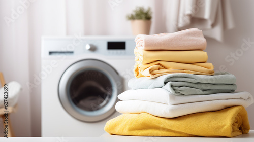 A stack of freshly washed laundry on washing machine background