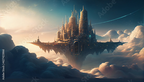 Fantasy tech city above the clouds, Ai generated image © Trendy Image Two
