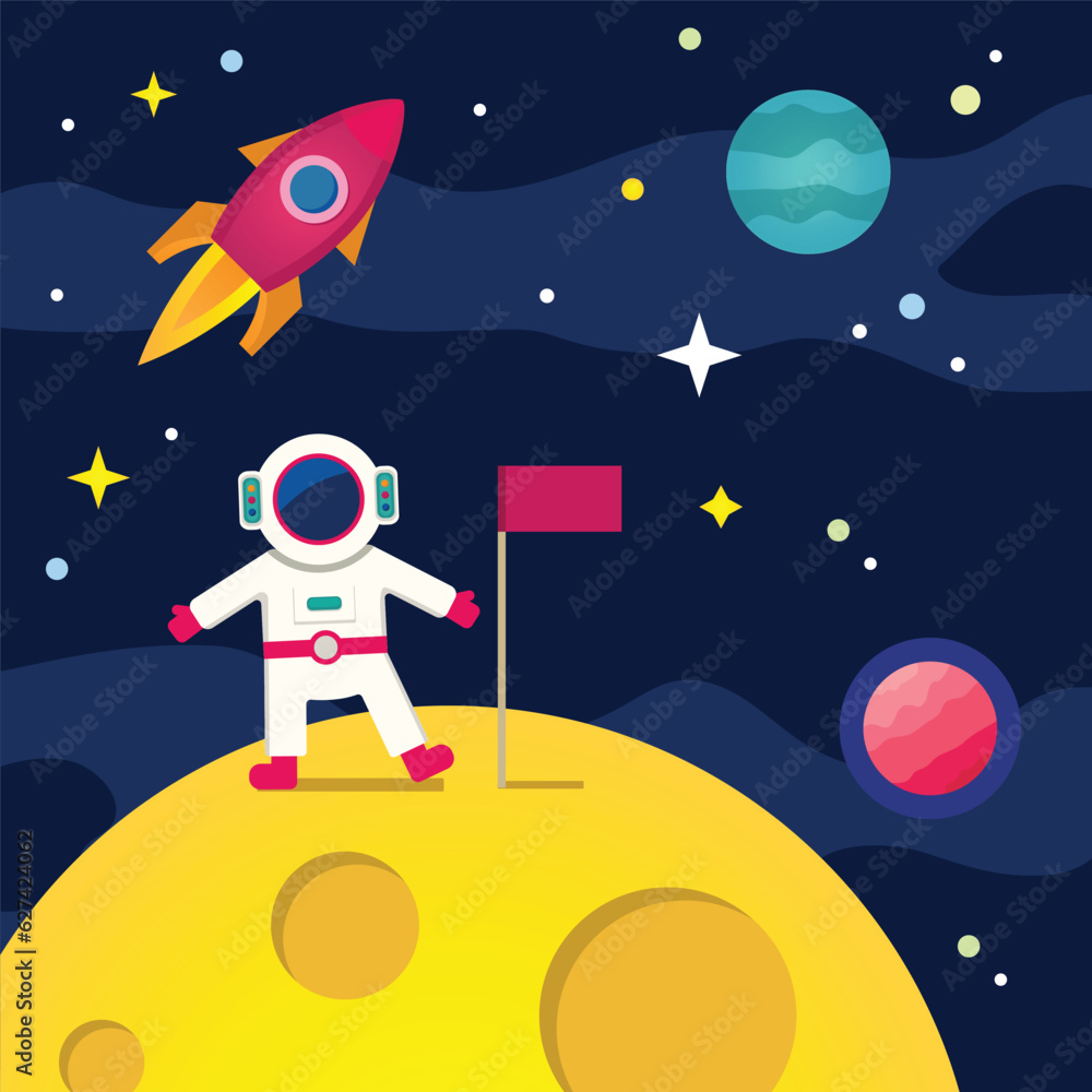 An astronaut planted a flag on the moon. Planets, stars and a rocket can be seen in the background. Flat illustration An astronaut planted a flag on the moon. Planets, stars and a rocket can be seen in the background. Flat illustration