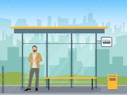 Man waiting for a bus. Bus stop concept in flat cartoon style.