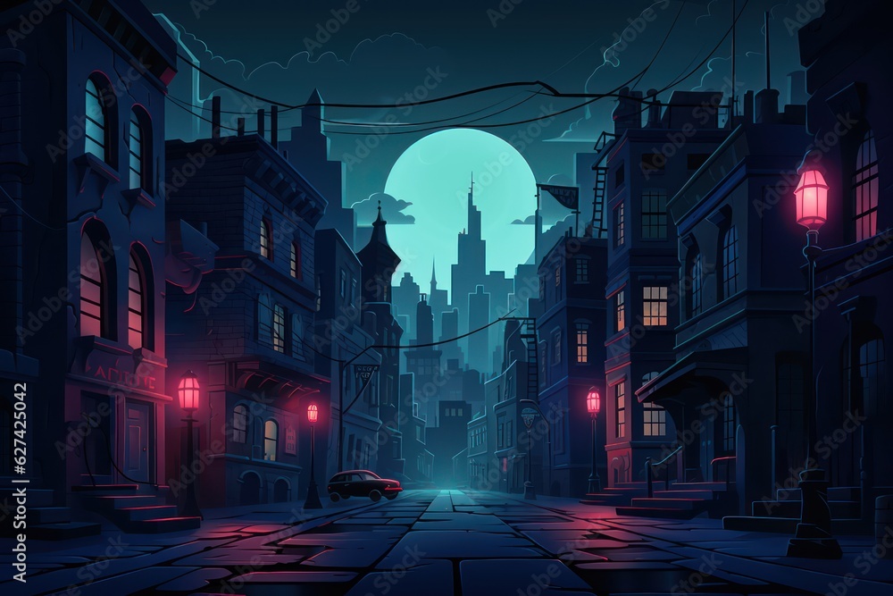 a vector cartoon scene featuring dark city streets