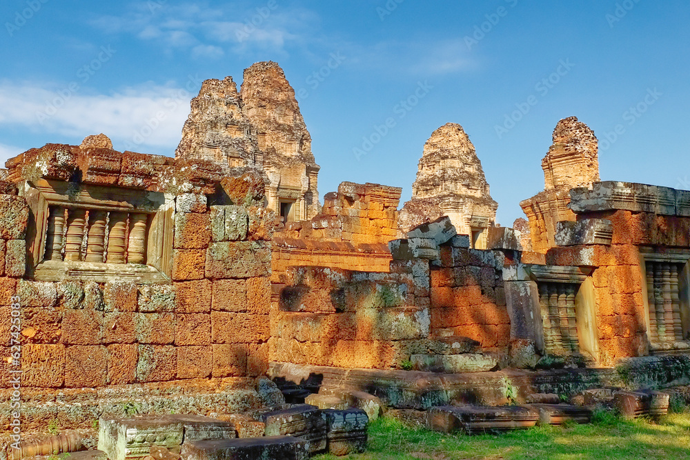 View of the towers of the famous Eastern Mebon, Cambodia. Ancient medieval Khmer building, landscape.