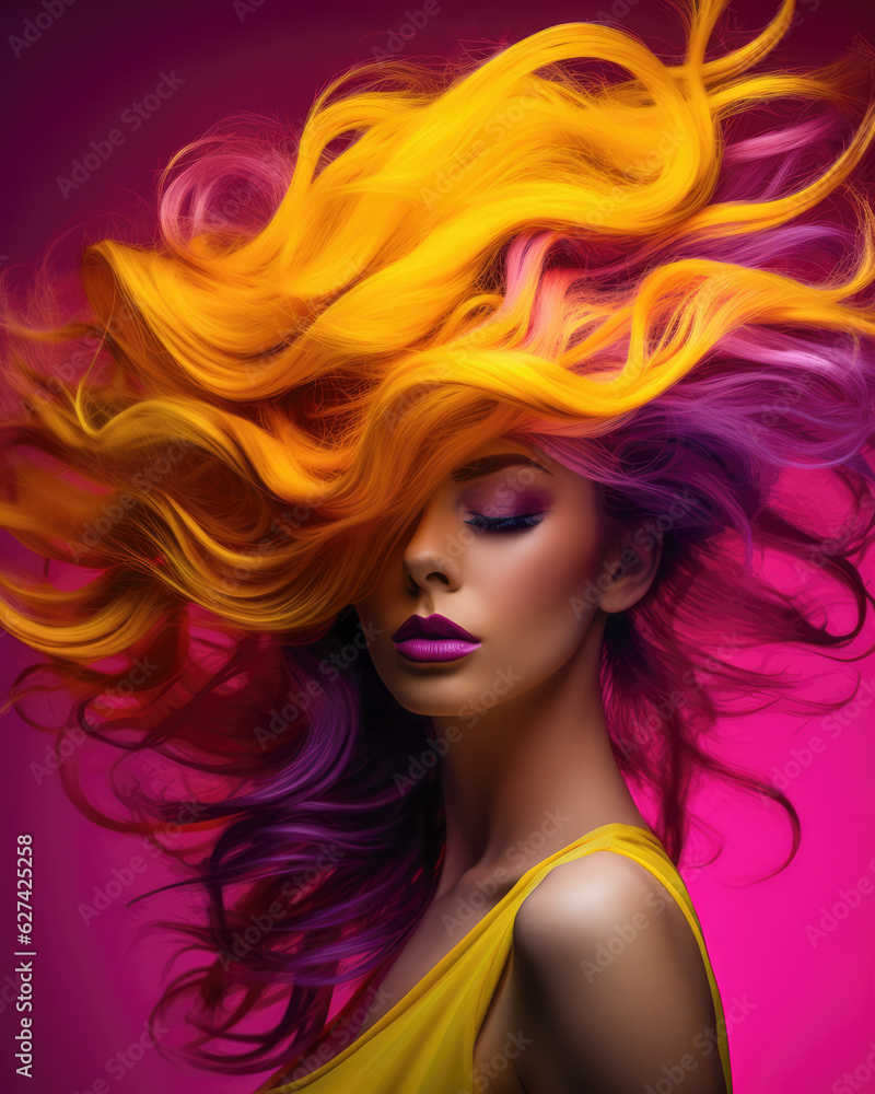 Attractive young woman with colorful hair blown away. Generative AI Attractive young woman with colorful hair blown away. Generative AI