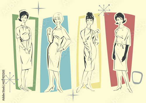 1960s Vintage Woman Mode Sketch Style Poster. Retro Fashion Mid Century Modern Vogue Illustration