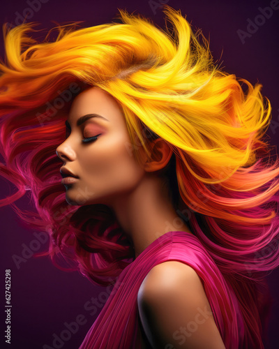 Attractive young woman with colorful hair blown away. Generative AI