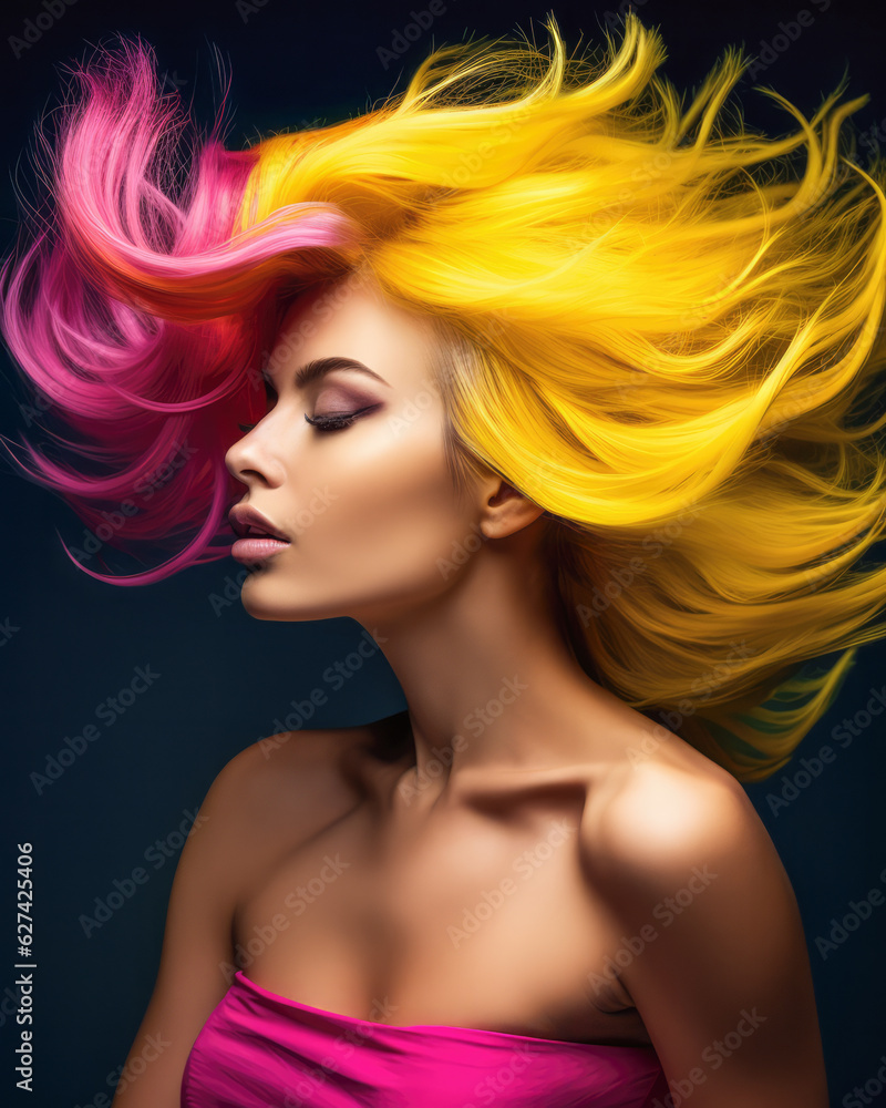 Attractive young woman with colorful hair blown away. Generative AI