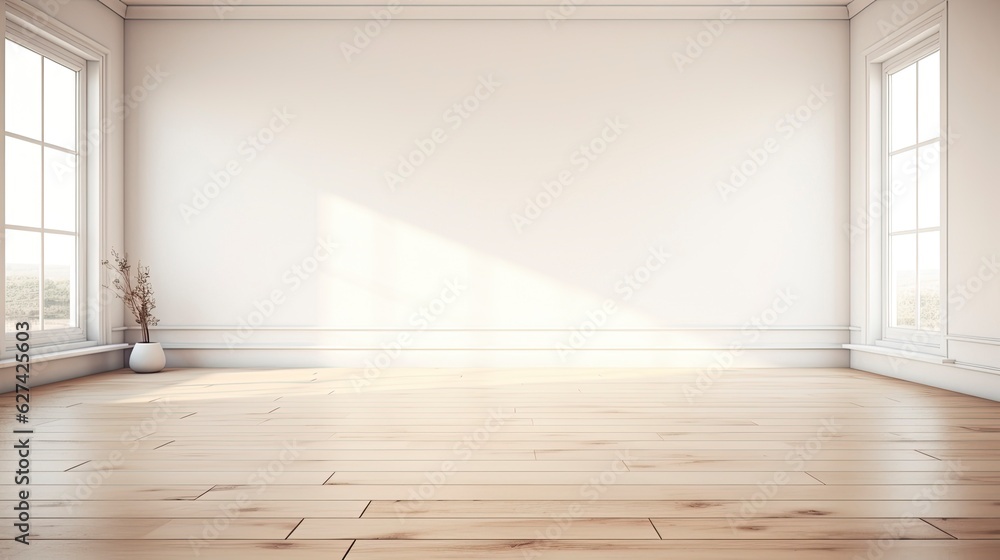 Obraz premium A white Empty room Surreal Minimalistic style morning light copy space, Generative AI