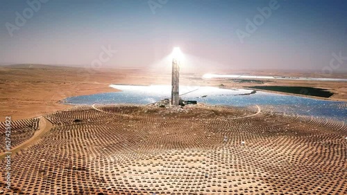 Solar power tower and mirrors Aerial flight view photo