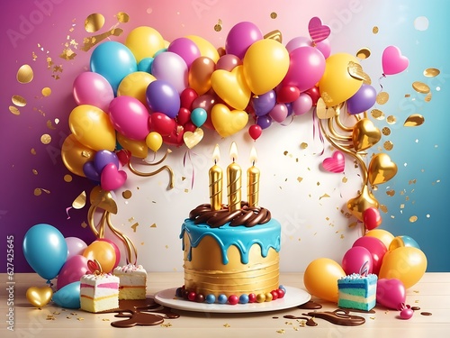 Happy birthday celebration with colorful balloons  candles  chocolate splash background design wallpaper generated by AI