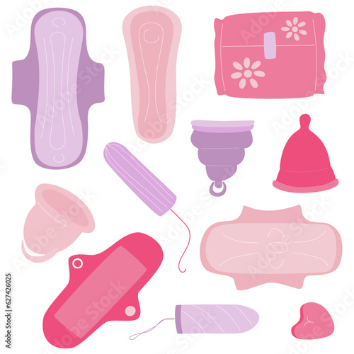 A selection of simple drawings of feminine hygiene products used during menstruation, namely: pads, tampons, menstrual cups of different types, in pink and lilac colours on a white background