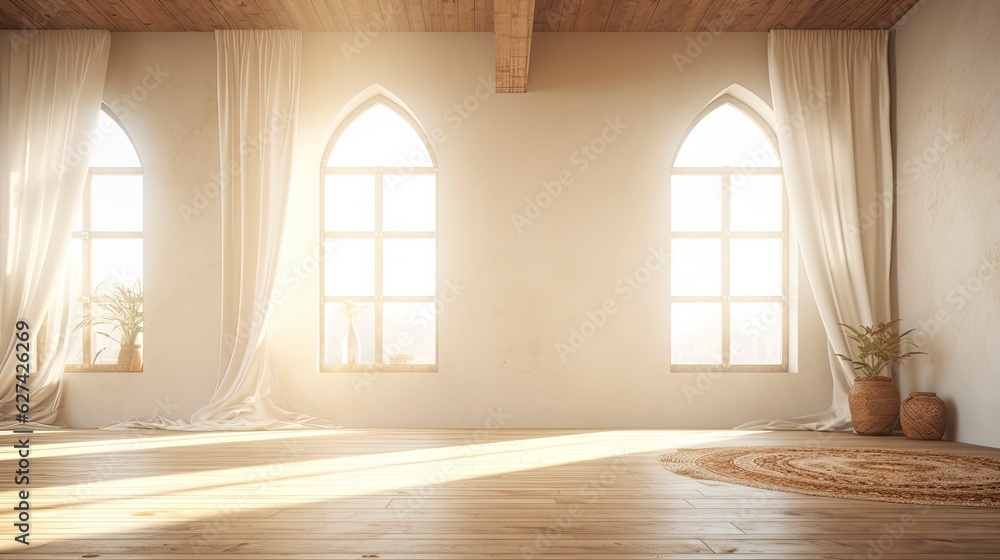 Empty room bohemian style morning light copy space, Generative AI Empty room bohemian style morning light copy space, Generative AI