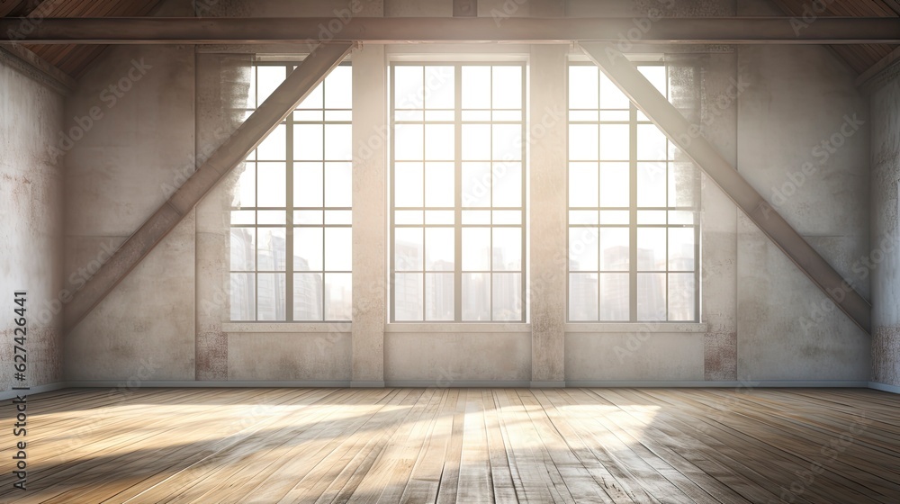 Empty room Loft style morning light copy space, Generative AI Empty room Loft style morning light copy space, Generative AI