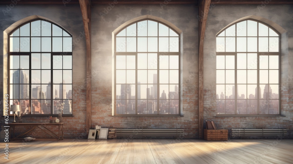 Empty room Loft style morning light copy space, Generative AI Empty room Loft style morning light copy space, Generative AI
