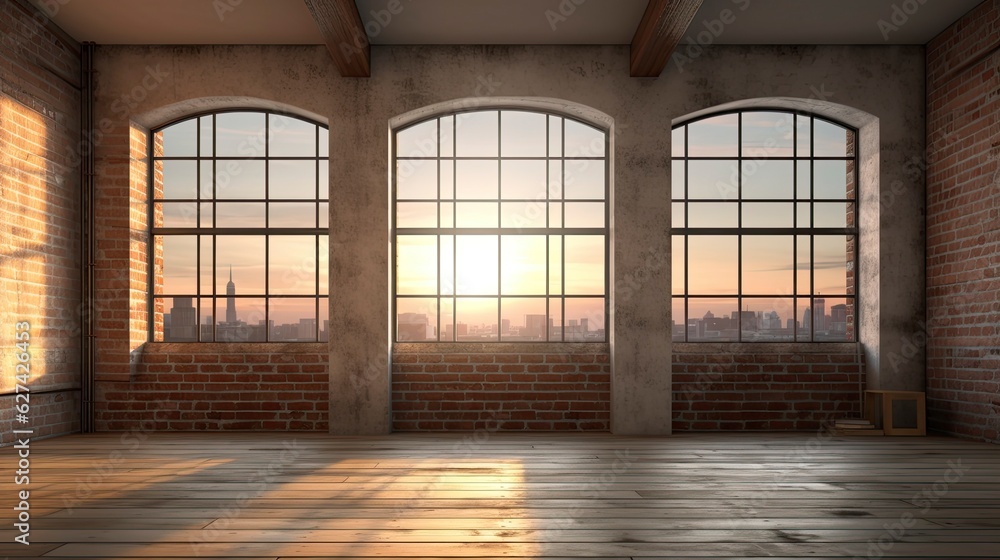 Fototapeta premium Empty room Loft style morning light copy space, Generative AI