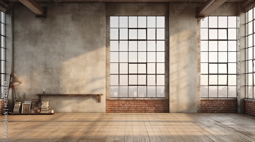 Empty room Loft style morning light copy space, Generative AI Empty room Loft style morning light copy space, Generative AI