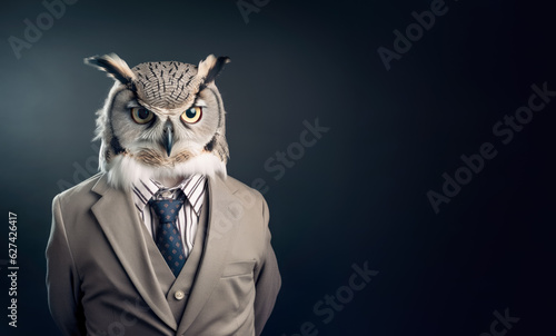 Owl in smart business suit and tie  looking serious businessman. Wide banner with copy space on side. Generative AI