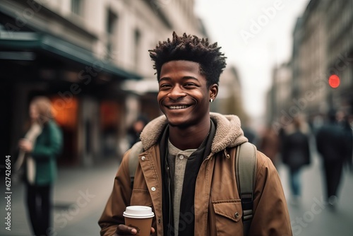 Man in jacket with coffee standing in city