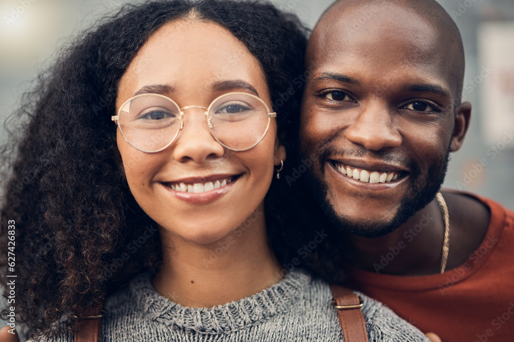 .Face, African couple and love outdoor, happy and bonding together for support in urban city. Portrait, smile and gen z man and woman with profile picture for care, commitment and trust on date. .Face, African couple and love outdoor, happy and bonding together for support in urban city. Portrait, smile and gen z man and woman with profile picture for care, commitment and trust on date.