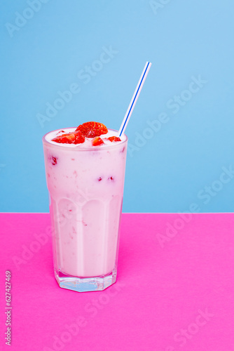 Glass of strawberry yogurt on colorful background. Strawberry yogurt on blue and pink background. Glass of strawberry yogurt covered by fresh strawberry slices. 