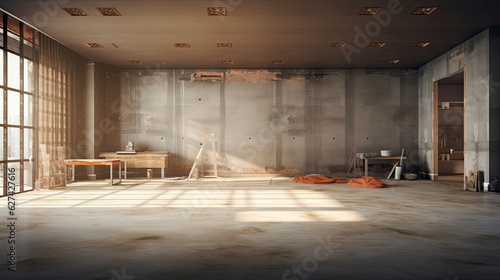 Under Construction renovate Empty room moning light copy space, Generative AI © kanesuan