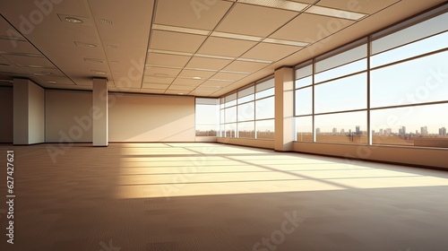 Office empty room morning light copy space, Generative AI © kanesuan