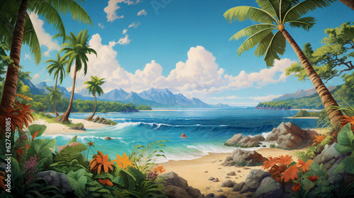Tropical paradise, where the crystal-clear sea meets swaying palm trees. Generative AI.