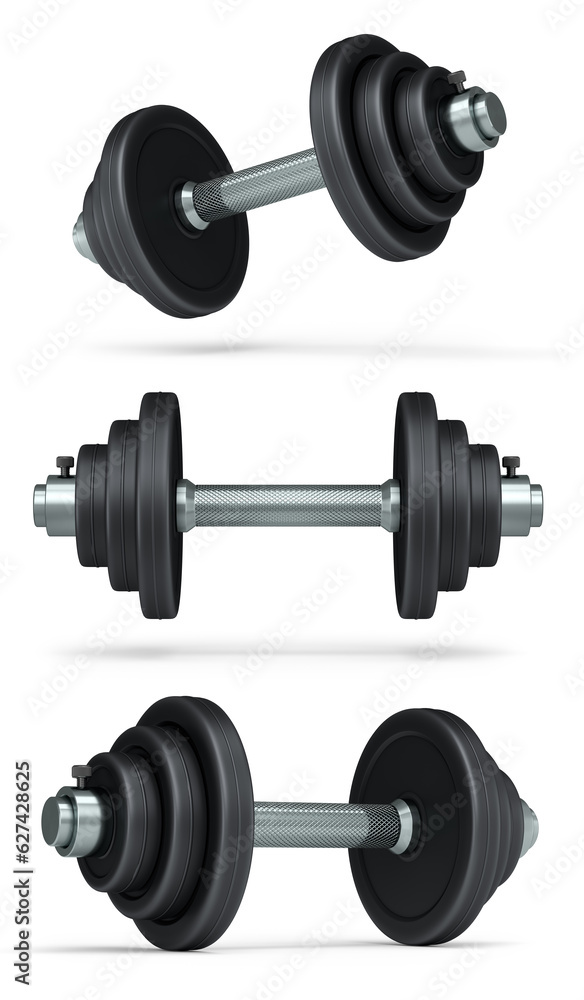 Set of dumbbells with rubber disks isolated on white background Set of dumbbells with rubber disks isolated on white background