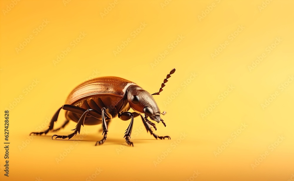 Naklejka premium Creative Animal Concept. Macro shot of horn beetle over brown background. Generative AI.