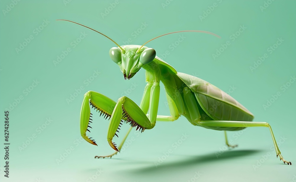 Creative Animal Concept. Mantis over pastel bright green background. Generative AI. Creative Animal Concept. Mantis over pastel bright green background. Generative AI.