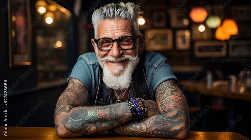 Smiling bearded grandfather with tattoos behind bar stool, portrait photo. Smiling bearded grandfather with tattoos behind bar stool, portrait photo.