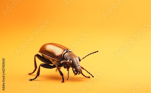 Creative Animal Concept. Macro shot of horn beetle over brown background. Generative AI.