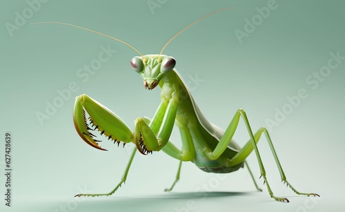 Creative Animal Concept. Mantis over pastel bright green background. Generative AI.