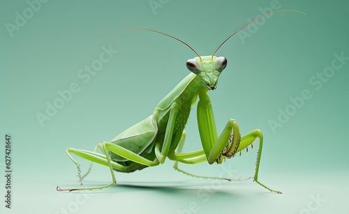 Creative Animal Concept. Mantis over pastel bright green background. Generative AI.
