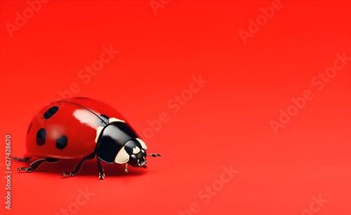 Creative Animal Insect Concept. Ladybird over red pastel bright background. Generative AI.