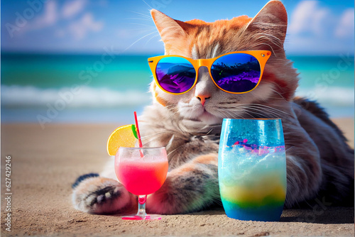 Portrait of a cat in sunglasses, which lies on a sandy beach and drinks a cocktail from a glass with a straw. AI generated.