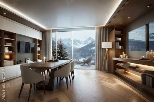 Luxury Villa Decorated With Christmas Tree  Gift Boxes And Ornaments In Snowy Weather