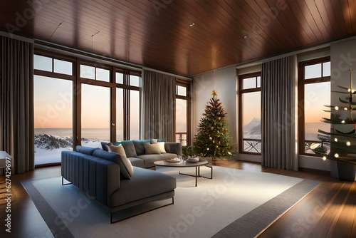 luxury apartment suite lounge A Luxury Villa Decorated with a Christmas Tree, Gift Boxes, and Ornaments in Snowy Weather, Cinematic, Hyper-detailed, insane details, Beautifully color graded,