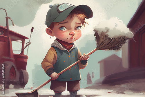 Cute child is a cleaner or dustman. Illustration for a children's magazine or book about different professions of people. photo