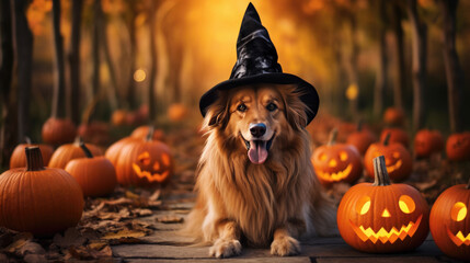 Golden Retriever breed dog in Halloween costume in the woods surrounded by pumpkin lanterns.