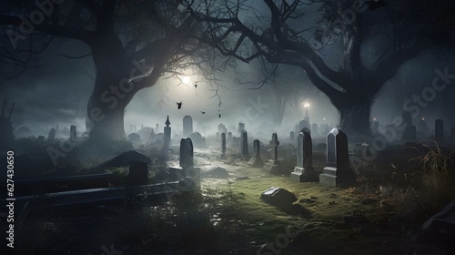 cimetière de nuit sous la lumière de la lune, généré par IA